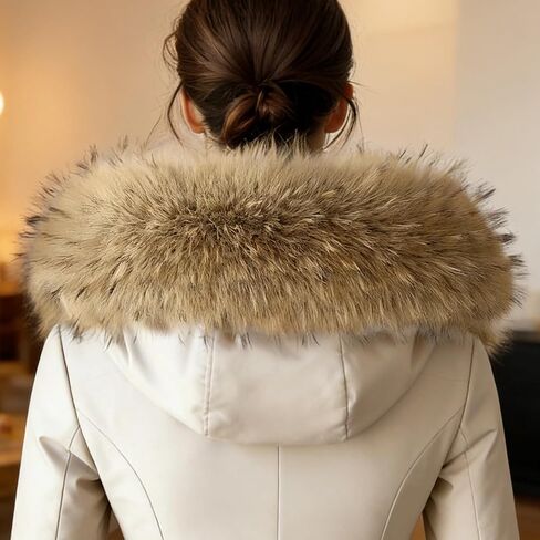 غطاء محرك السيارة من الفرو الصناعي، طراز الراكون باللون البيج، مقاس 26.8-33.5 بوصة / 68-85 سم، ياقة بديلة من القطيفة الناعمة، غلاف وشاح قابل للفصل in Kuwait