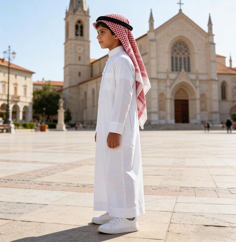 Kids Islamic Traditional Set, White Thobe with Keffiyeh Headscarf, Cool Comfortable Casual Wear for Boys in Kuwait