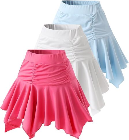 3 Pack Skorts for Girls Asymmetrical Skirt Flowy Skort High Waist A Line Skirt Pleated Ruffle Athletic Skirt in Kuwait