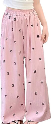 Girls Printed Wide Leg Pants Bow Embroidery Casual Baggy Trousers Flowy Lightweight Kids Outfits Summer Size 5-15T in Kuwait