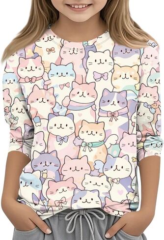 Girls Summer Outfits 3/4 Sleeve Crewneck Girls Shirts Cute Graphic Tee Kids Blouses Aesthetic Elbow Sleeve Tops in Saudi Arabia