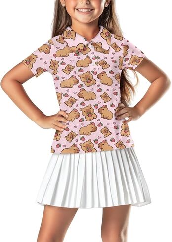 Girls Short Sleeve Golf Shirts Button Up V Neck Tennis Shirts Quick Dry Athletic Tank Tops for Age 5-16 Years in Saudi Arabia