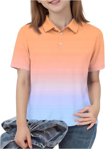 Xiaojmake Girls Golf Shirts Gradient Short Sleeve Button Up T-Shirt School Uniform Casual Athletic Golf Tennis Collared Shirt in Saudi Arabia