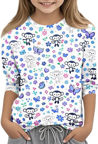 Toddler Clothes for Girls 3/4 Sleeve Crewneck Shirts Summer Graphic Kids Blouses Cute Elbow Sleeve Tops 3-13 Years in Saudi Arabia
