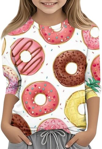 Girls Clothes 3/4 Length Sleeve Round Neck Shirts Graphic Tee Kids Blouses Y2K Three Quarter Sleeve Tops 3-13 Years in Saudi Arabia