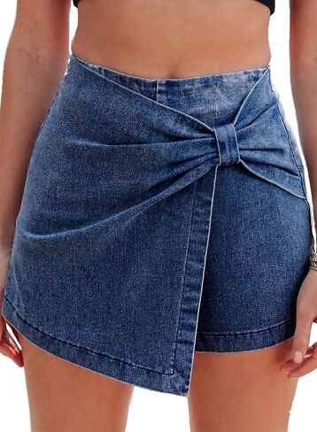 Sidefeel Skorts Skirts for Women Casual Summer Bowknot High Waisted Jean Shorts Stretchy Denim Mini Skirt NO Pocket in Kuwait