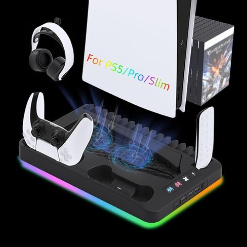 Cooling Station for Ps5/Slim/Pro Disc & Digital Playstation 5 Vertical Stand Organizer with Dual Controller Charger,16 Game Slots,7 Rgb,3 Level Cooler Fan,3 Usb Ports,Headset & Remote Holder (Black) in Kuwait
