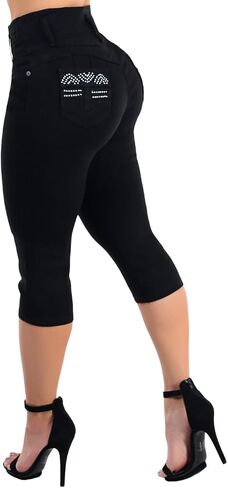 بنطلون كابري نسائي من Moda Xpress عالي الخصر لرفع المؤخرة من قماش الدنيم المطاطي، مقاس نحيف، نمط صيفي كاجوال in Kuwait