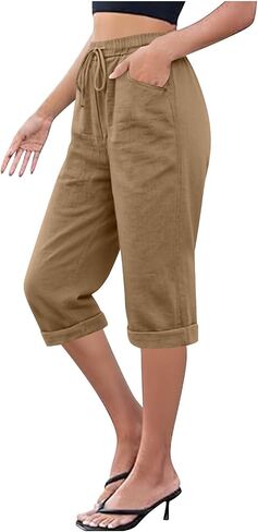 Capri Pants for Women Summer Elastic High Waist Casual Capris 3/4 Length Lounge Pants Straight Leg Cropped Trousers in Kuwait