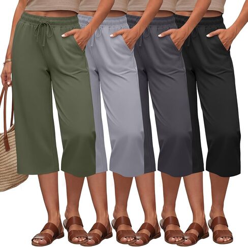 Xaatren 4 Pack Women's Capri Pants Wide Leg Cotton Capris Drawstring Workout Lounge Cropped Pants with Pockets Ladies in Kuwait