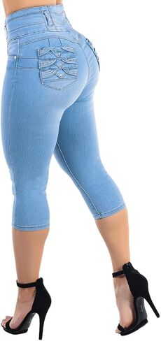 سراويل نسائية من Moda Xpress للصغار بخصر عالٍ للغاية لرفع المؤخرة من قماش الدنيم المطاطي كابريس رافعة للأعلى ونحت الجسم وتشكيل الجسم بشكل مريح in Kuwait