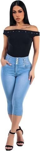 سراويل نسائية من Moda Xpress للصغار بخصر عالٍ للغاية لرفع المؤخرة من قماش الدنيم المطاطي كابريس رافعة للأعلى ونحت الجسم وتشكيل الجسم بشكل مريح in Kuwait