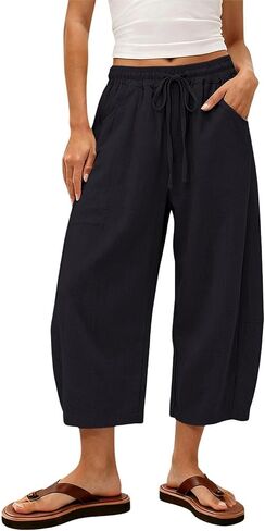 Capri Barrel Pants for Women Casual High Waisted Summer Wide Leg Pant with Drawstring Baggy Cropped Trousers in Kuwait