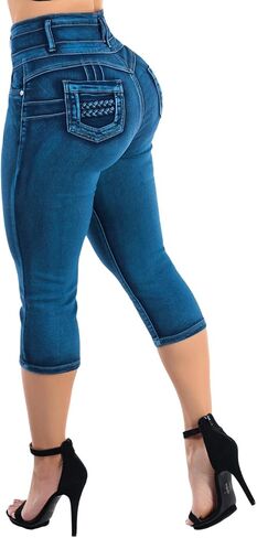 سراويل نسائية من Moda Xpress للصغار بخصر عالٍ للغاية لرفع المؤخرة من قماش الدنيم المطاطي كابريس رافعة للأعلى ونحت الجسم وتشكيل الجسم بشكل مريح in Kuwait