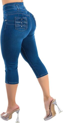 سراويل نسائية من Moda Xpress للصغار بخصر عالٍ للغاية لرفع المؤخرة من قماش الدنيم المطاطي كابريس رافعة للأعلى ونحت الجسم وتشكيل الجسم بشكل مريح in Kuwait