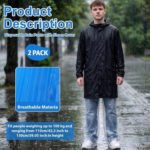 2 Pcs Disposable Rain Pants, Unisex Adult Long Tube Rain Pant with Shoe Cover Waterproof Thickened Long Pant Boot Covers for Outdoor Activities Fishing Travel Cycling (White, Blue) in Kuwait