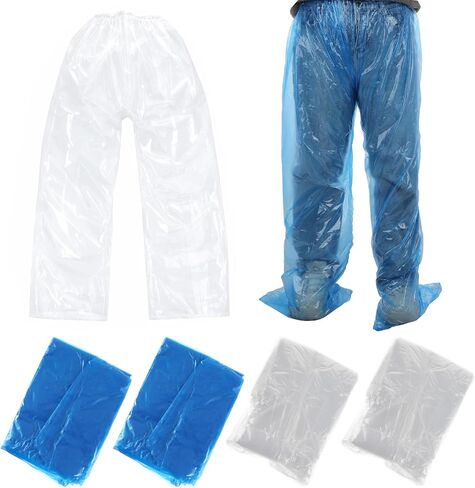 4 PCS Disposable Rain Pants, Unisex Adult Waterproof Long Tube Pant with Shoe Cover, PE Material for Outdoor Activities Travel Cycling (2 White+2 Blue, 47.24 Inches) in Saudi Arabia
