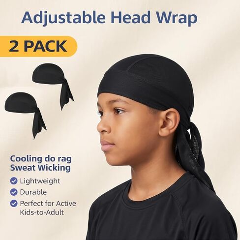 Kids Cooling Do Rag 2-Pack, Adjustable Skull Cap & Head Wrap for Boys and Girls, Sports, Bike Riding, Daily Wear in Saudi Arabia