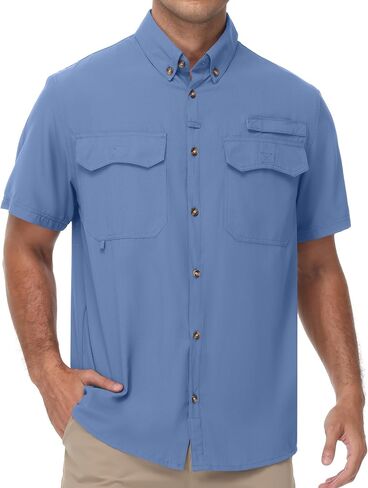 Roadbox Men's UPF 50+ Fishing Shirts, Short Sleeve Sun Protection Cool Dry Button Down Outdoor Shirt for Hiking Safari Work in Kuwait