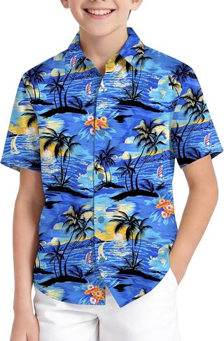Boys Short Sleeve Button Down Shirt Kids Summer Hawaiian Beach Outfits 5-14 T in Saudi Arabia