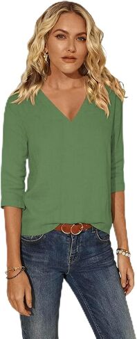 Women Cotton 3/4 Sleeves Tops T Shirts Spring Summer Basic V Neck Linen T-Shirt Casual Blouse Tops Loose Fit Tunic in Kuwait