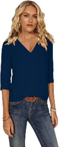 Women Cotton 3/4 Sleeves Tops T Shirts Spring Summer Basic V Neck Linen T-Shirt Casual Blouse Tops Loose Fit Tunic in Kuwait