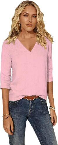 Women Cotton 3/4 Sleeves Tops T Shirts Spring Summer Basic V Neck Linen T-Shirt Casual Blouse Tops Loose Fit Tunic in Kuwait