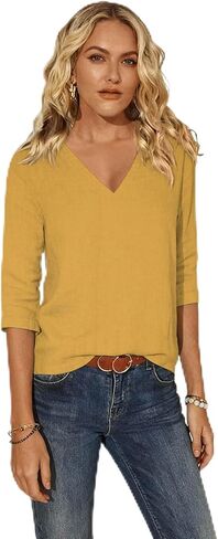 Women Cotton 3/4 Sleeves Tops T Shirts Spring Summer Basic V Neck Linen T-Shirt Casual Blouse Tops Loose Fit Tunic in Kuwait