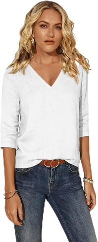 Women Cotton 3/4 Sleeves Tops T Shirts Spring Summer Basic V Neck Linen T-Shirt Casual Blouse Tops Loose Fit Tunic in Kuwait