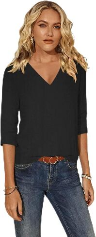 Women Cotton 3/4 Sleeves Tops T Shirts Spring Summer Basic V Neck Linen T-Shirt Casual Blouse Tops Loose Fit Tunic in Kuwait