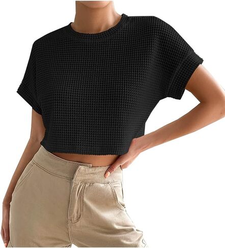 Womens Short Sleeve Sweater Waffle Knit Top Cropped Summer Cape Sleeve Spring Dressy Shirts Trendy Blouse in Kuwait