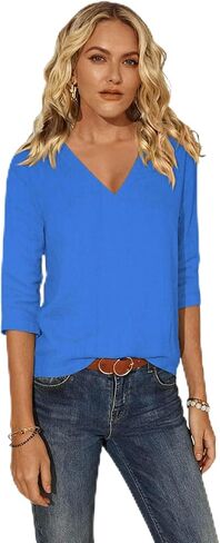 Women Cotton 3/4 Sleeves Tops T Shirts Spring Summer Basic V Neck Linen T-Shirt Casual Blouse Tops Loose Fit Tunic in Kuwait
