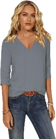 Women Cotton 3/4 Sleeves Tops T Shirts Spring Summer Basic V Neck Linen T-Shirt Casual Blouse Tops Loose Fit Tunic in Kuwait