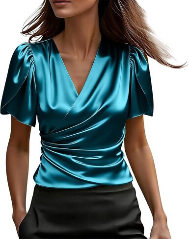 Puff Sleeve V-Neck Top for Women - Short Sleeve Blouse for Spring and Summer, Fashion Solid Color Casual Shirt in Saudi Arabia