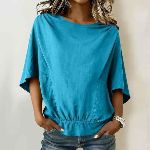 Linen Shirts for Women 3/4 Sleeve Casual Loose Fit Cotton Blouses Summer Beach Cute Tops Vacation Holiday Outfits in Saudi Arabia