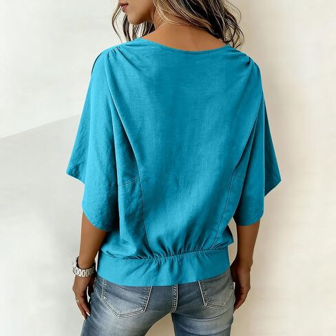 Linen Shirts for Women 3/4 Sleeve Casual Loose Fit Cotton Blouses Summer Beach Cute Tops Vacation Holiday Outfits in Saudi Arabia