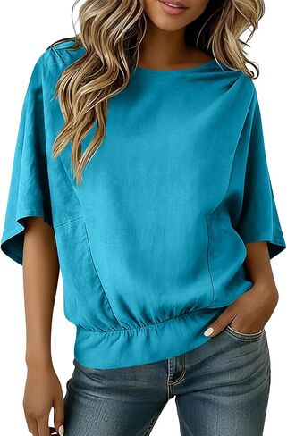 Linen Shirts for Women 3/4 Sleeve Casual Loose Fit Cotton Blouses Summer Beach Cute Tops Vacation Holiday Outfits in Saudi Arabia