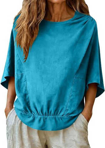 Linen Shirts for Women 3/4 Sleeve Casual Loose Fit Cotton Blouses Summer Beach Cute Tops Vacation Holiday Outfits in Saudi Arabia