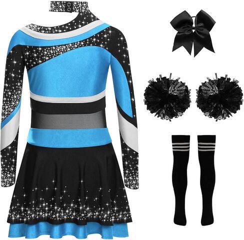 Kids Girls Cheer Leader Uniform Dance Top Skirt Set with Pom Poms Cheerleading Outfit Halloween Cheer Up Light Blue Black 16 Years in Saudi Arabia