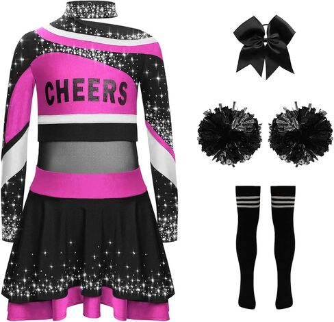 Kids Girls Cheer Leader Uniform Dance Top Skirt Set with Pom Poms Cheerleading Outfit Halloween Cheer Up Hot Pink Black 8 Years in Saudi Arabia
