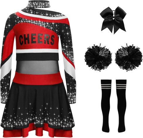 Kids Girls Cheer Leader Uniform Cheerleading Outfit Halloween Cheer Dance Top Skirt Set with Pom Poms Red Black 6 Years in Saudi Arabia