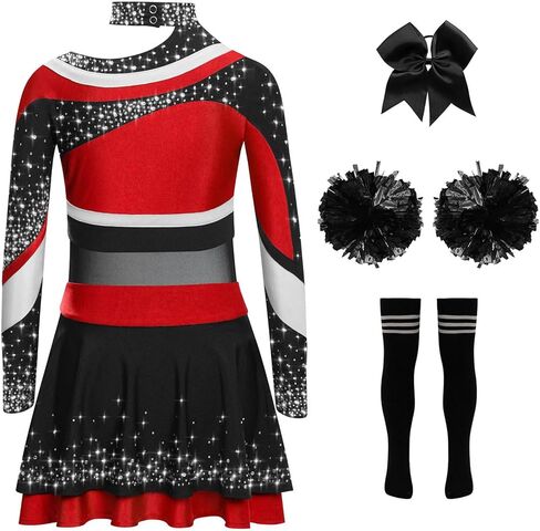 Kids Girls Cheer Leader Uniform Cheerleading Outfit Halloween Cheer Dance Top Skirt Set with Pom Poms Red Black 6 Years in Saudi Arabia