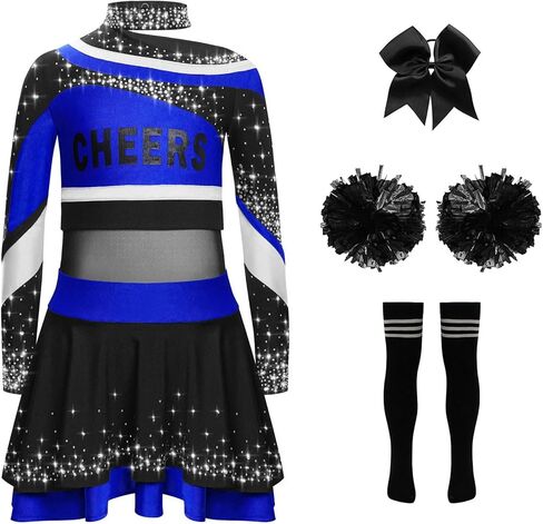 Kids Girls Cheer Leader Uniform Cheerleading Outfit Halloween Cheer Dance Top Skirt Set with Pom Poms Blue Black 12 Years in Saudi Arabia