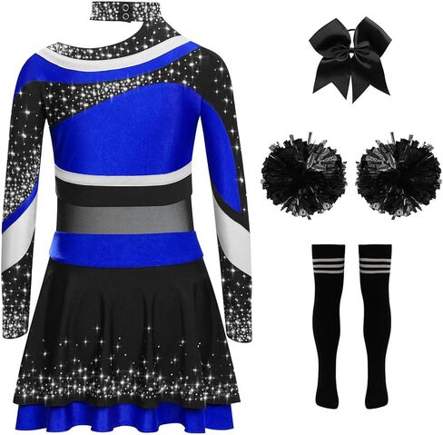 Kids Girls Cheer Leader Uniform Cheerleading Outfit Halloween Cheer Dance Top Skirt Set with Pom Poms Blue Black 12 Years in Saudi Arabia