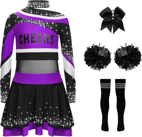 Kids Girls Cheer Leader Uniform Cheerleading Outfit Halloween Cheer Dance Top Skirt Set with Pom Poms Purple Black 12 Years in Saudi Arabia