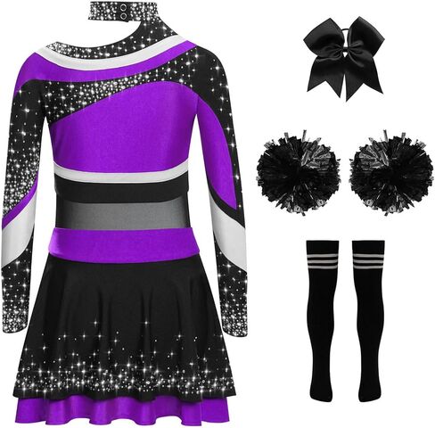 Kids Girls Cheer Leader Uniform Cheerleading Outfit Halloween Cheer Dance Top Skirt Set with Pom Poms Purple Black 12 Years in Saudi Arabia