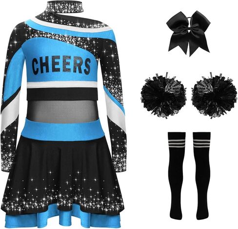Kids Girls Cheer Leader Uniform Cheerleading Outfit Halloween Cheer Dance Top Skirt Set with Pom Poms Light Blue Black 12 Years in Saudi Arabia
