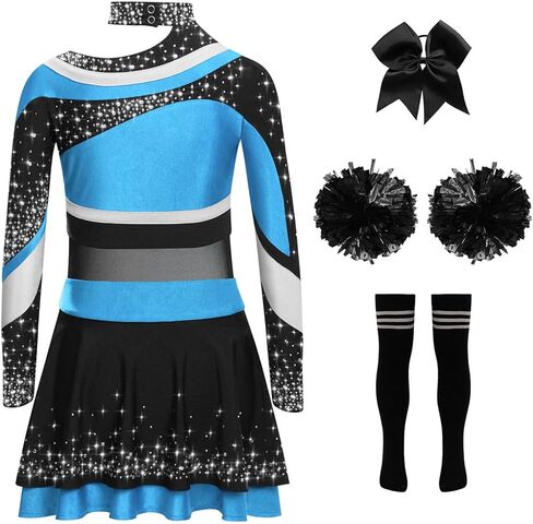 Kids Girls Cheer Leader Uniform Cheerleading Outfit Halloween Cheer Dance Top Skirt Set with Pom Poms Light Blue Black 12 Years in Saudi Arabia