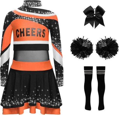 Kids Girls Cheer Leader Uniform Cheerleading Outfit Halloween Cheer Dance Top Skirt Set with Pom Poms Orange Black 12 Years in Saudi Arabia