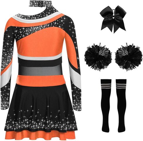 Kids Girls Cheer Leader Uniform Cheerleading Outfit Halloween Cheer Dance Top Skirt Set with Pom Poms Orange Black 12 Years in Saudi Arabia